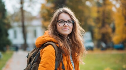 A young woman with long hair and glasses stands outdoors in a park filled with autumn foliage. She smiles warmly, wearing an orange jacket and a backpack as leaves fall around her in the sunlight.