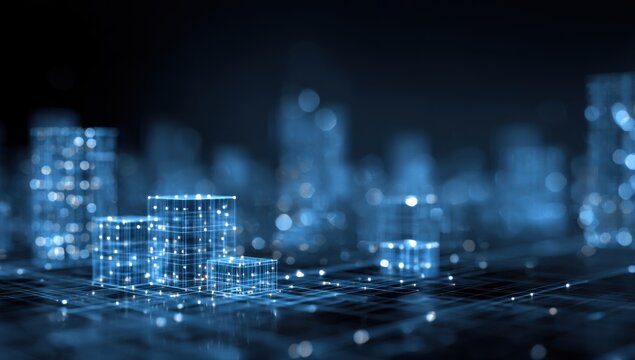 Digital city skyline, abstract, futuristic.  Dark blue, glowing,  networked.  Geometric shapes,  light trails.  Blurred cityscape,  technological