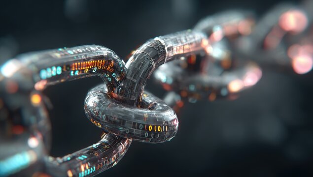 Close-up of a futuristic chain link, its metal links intricately detailed with glowing binary code - Powered by Adobe