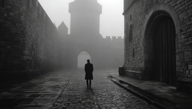 A solitary figure stands in a misty medieval alleyway