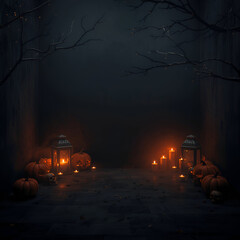 Dark moody Halloween scene with candle lanterns, pumpkins, and skull decorations arranged in corners/ copy space dark Halloween banner 