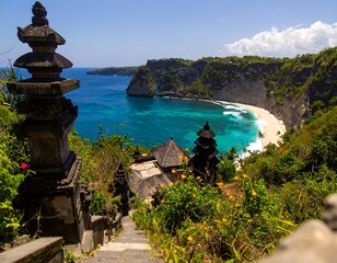 Coastal temple steps overlooking a secluded beach