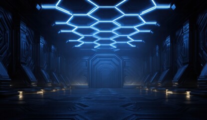 Futuristic tunnel with glowing hexagonal lights