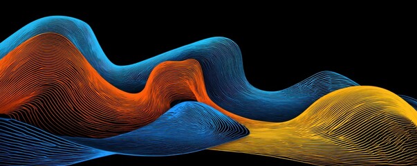 Abstract wavy forms in vibrant orange, blue, and gold on a black background. Intricate, interwoven lines create dynamic, flowing shapes