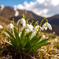Fototapeta premium Delicate snowdrops bloom in a sunny mountain meadow
