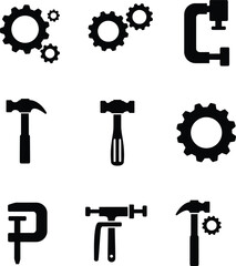 Mechanical engineering, tools, and gears icon set. Hammers and clamps for machinery, industrial repair, and hardware.