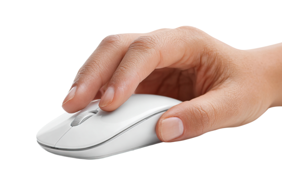 Hand using a wireless computer mouse, isolated on transparent cutout background