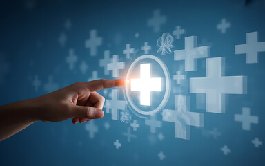 Person's finger pressing a luminous plus icon on a futuristic virtual interface, representing healthcare innovation and digital medical services