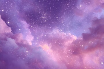 A dreamy, soft-focus view of a starry, cloud-filled night sky, in shades of lavender, pink, and light purple. Many tiny, glittering stars dot the scene