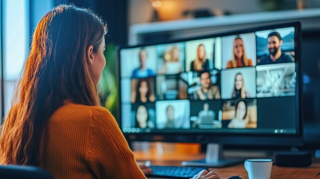 Business professional engaging in an online panel discussion via video conference.