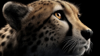 Closeup of Cheetah Face in Dramatic Lighting on Black Background