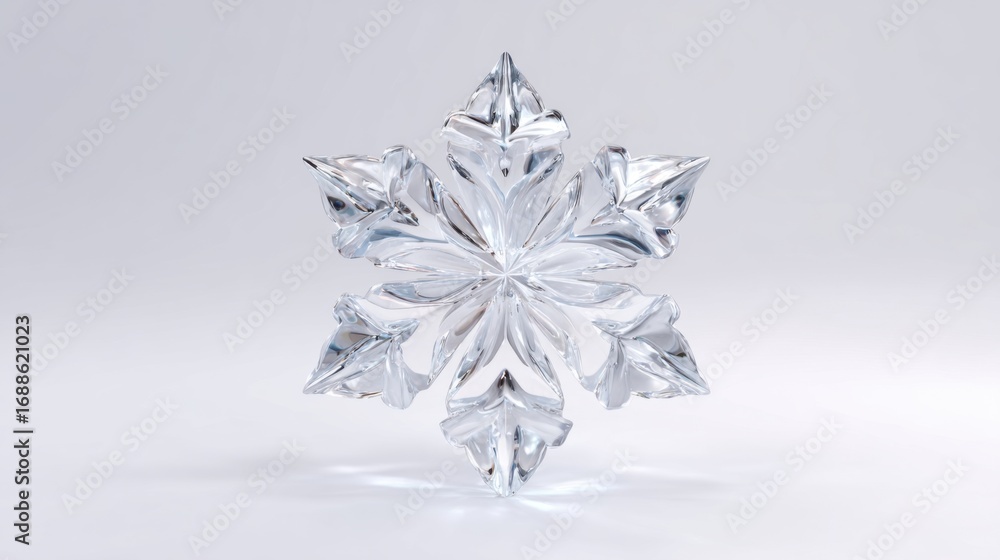 Poster Delicate crystal snowflake showcases meticulous craftsmanship with sharp edges and smooth surfaces, capturing light brilliantly against a plain backdrop, creating an elegant display.