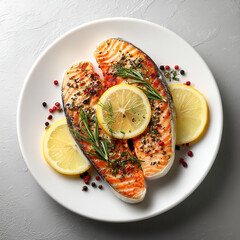 Grilled Salmon Steaks with Lemon and Herbs on White Plate