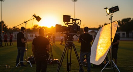 Film Crew Shooting Outdoors with Camera and Lighting Equipment – Cinematic Behind the Scenes