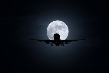 Passenger plane against the bright full moon at night