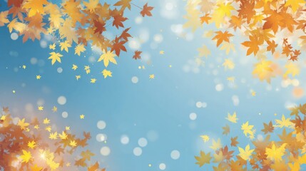 A display of colorful autumn leaves drifting gently through the air, set against a bright blue sky. The soft bokeh effect enhances the tranquil atmosphere of the fall season.