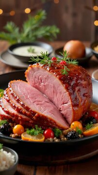 Glazed ham with garnishes and fruit arranged on a festive table  