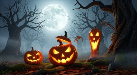 Halloween Jack-o'-lanterns in Spooky Forest with Full Moon and Leafless Trees