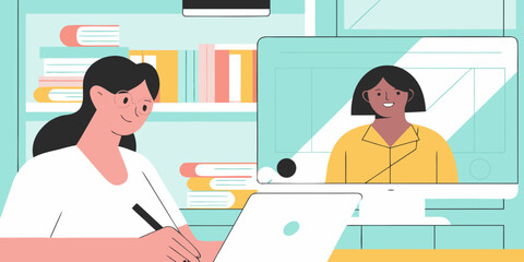 Two women interacting through a video call on a computer screen with a student studying at a laptop