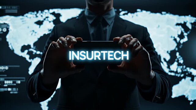 Businessman Holding Smartphone Showing Insurtech on Dark Background with World Map