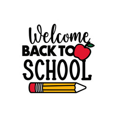 Welcome back to school text with apple and pencil isolated on transparent background
