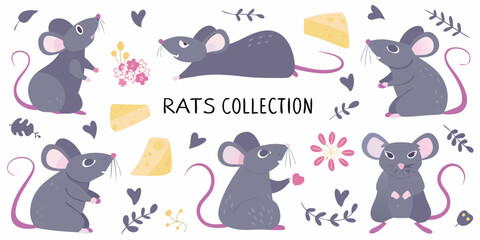 Collection of cute cartoon gray mice and cheese slices with floral and heart elements