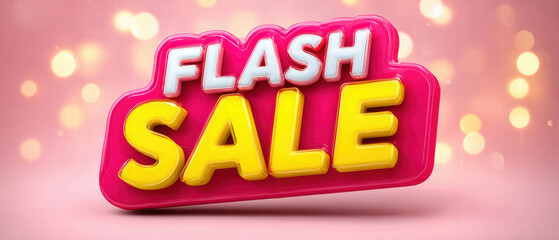 Flash sale sign in bold yellow and white 3D text on pink glossy badge with bokeh background conveying excitement and urgency