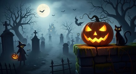 Spooky Halloween Scene with Illuminated Jack-o'-lanterns and Black Cats in Graveyard at Night