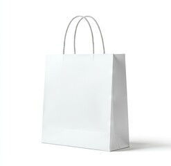 A pristine white paper shopping bag with slightly curved, silver-toned handles stands on a white background, casting a subtle shadow