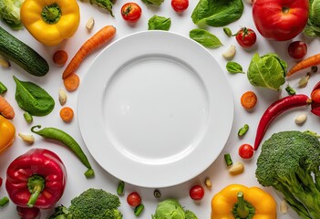 A pristine white plate is encircled by a vibrant array of fresh vegetables, including bell peppers, cherry tomatoes, carrots, broccoli, and spinach, creating a colorful,