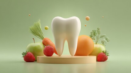 Healthy tooth surrounded by fresh fruits and vegetables on a pedestal