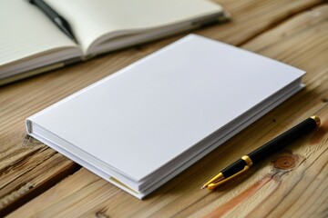 Detailed Image of a Collection of White Notebooks and Pens on a Wooden Table