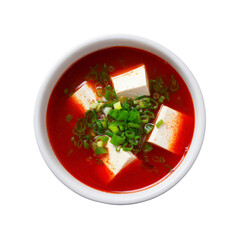 Delicious Spicy Tofu Soup in White Bowl - Overhead View