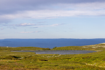 Small lake in Swedish mountains with scattered rocks in early summer morning light
