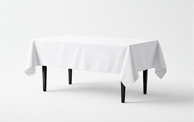 A pristine white rectangular tablecloth drapes a simple, dark-legged table against a stark white backdrop.  The fabric's soft folds suggest a lightweight material