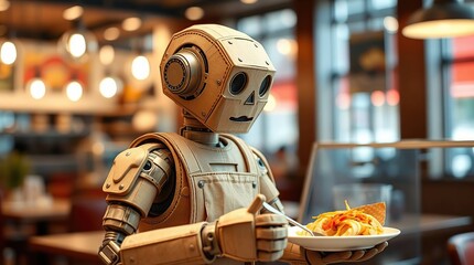 Robot waiter serving food in cafe.