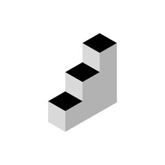 Isometric staircase geometric logo in grayscale with black top blocks, abstract modern brand identity.