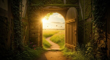 Obraz premium Sunlit Rustic Wooden Gate Opening to Meadow at Sunset in Countryside