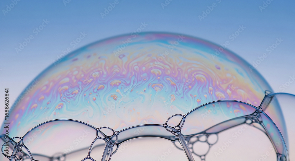 Poster close-up macro photograph capturing the delicate iridescent surface of multiple soap bubbles with a 