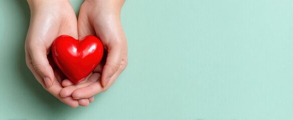 Fototapeta premium The hands holding a red heart symbolizing love and compassion.