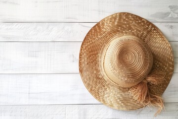 Top View of Brown Floppy Lady Straw Hat with Raffia Straw Ribbon on White Wooden Background