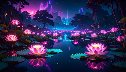 Fototapeta premium Neon glowing lotus pond with reflections