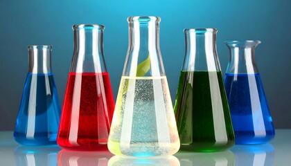 Colorful lab beakers on a blue background
