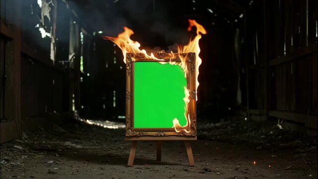 A burning picture frame with a green screen stands on an easel in a dilapidated structure