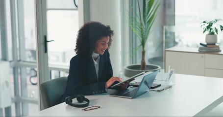 Business, laptop and woman in workplace, tablet and research for investment deal, app and email. Person, investor and employee with budget report, profit analysis and connection with technology - Powered by Adobe