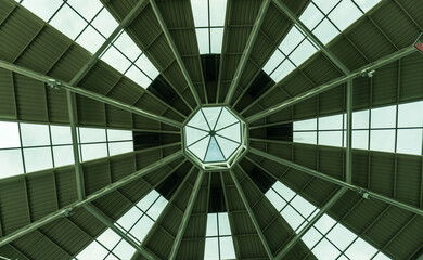 A striking view of a modern glass roof structure.