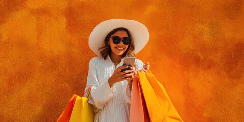 The joyful woman with shopping bags enjoying her day against an orange wall.