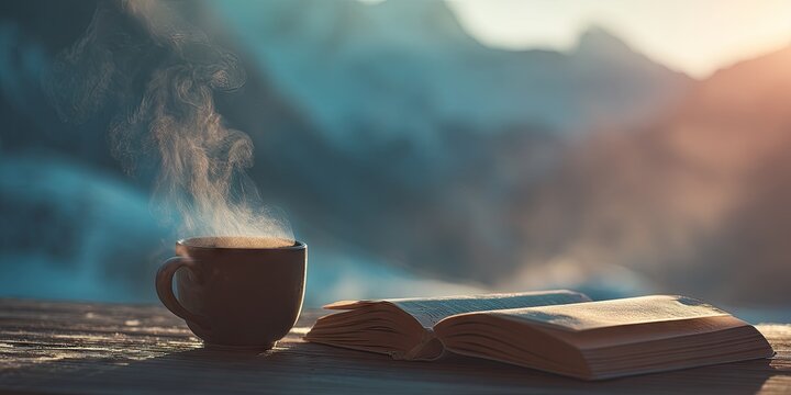 A close-up of a coffee cup with steam rising open book