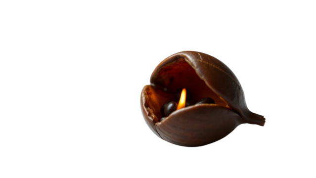 A single, opened seed pod with small, dark seeds and a small flame glowing inside, isolated on a white background