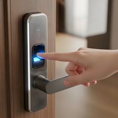 Naklejka premium Fingerprint scanner on a modern smart door lock with a glowing blue light